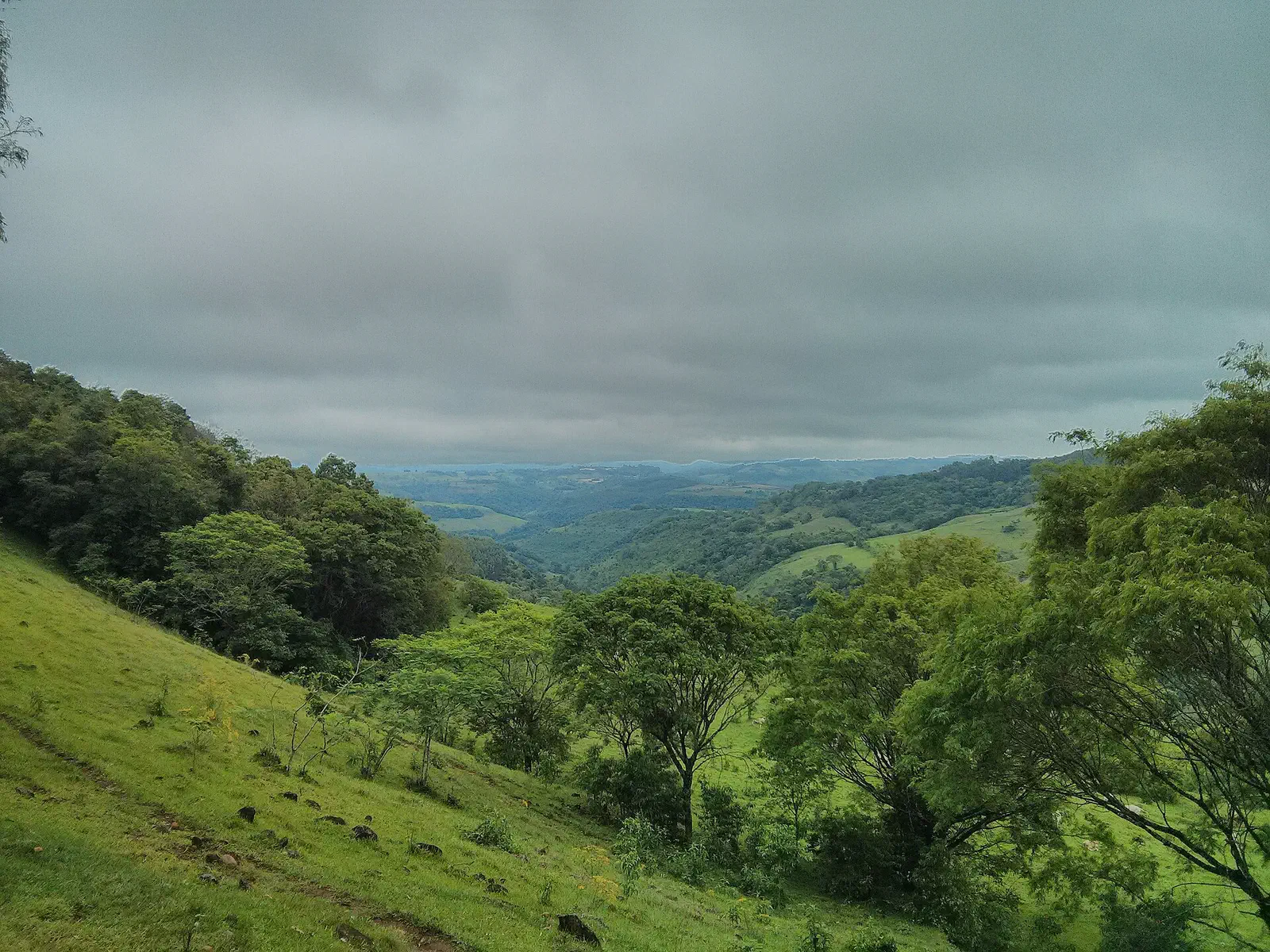Paisagem rural de morros verdes cobertos de mata e pastagem no extremo-oeste de Santa Catarina (Belmonte)